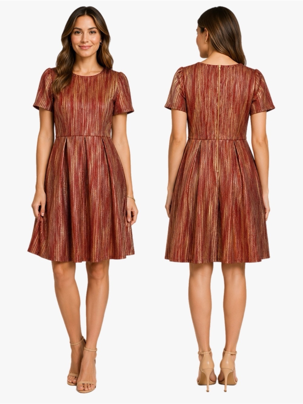 LuLaRoe Amelia Dress Metallic Gold Red Shimmer Pleated Fit Flare Size Medium